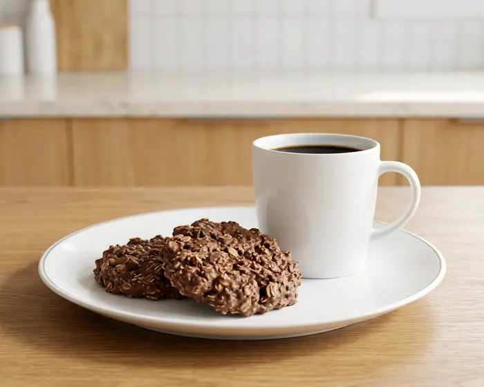 Holiday No Bake Cookies 9 no bake cookies with coffee - two cookies on a white plate beside a white mug of black coffee, camera 35-40 degrees above the countertop, on