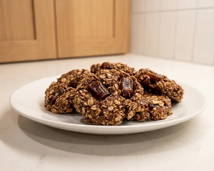Healthy No Bake Cookies 9 date sweetened no bake cookies - one plated serving on a plain white dessert plate, camera 35-40 degrees above the countertop, on the empty